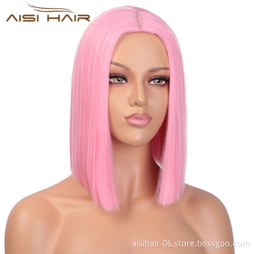 Aisi Hair Synthetic Heat Resistant Wigs For White Black Women Short Straight Pink Bob Middle Part Shoulder Length Hair Wigs